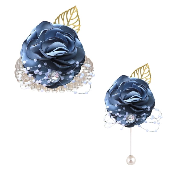 Valentine's Day Flower,Rose Wrist Corsage,Wedding Bridal Bouquet Holding Artificial Flower with Pearl Decoration, Beach Wedding Bouquet for Ceremony, Anniversary,Bride and Bridesmaids(Blue4)