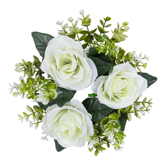 Valentine's Day Wedding Candle Rings,Artificial Floral Wreaths with Green Leaves Flower Candle Rings,Candleholders Garland for Pillar Centerpiece Party Table Decor, 2.7'' Inner Diameter(White)