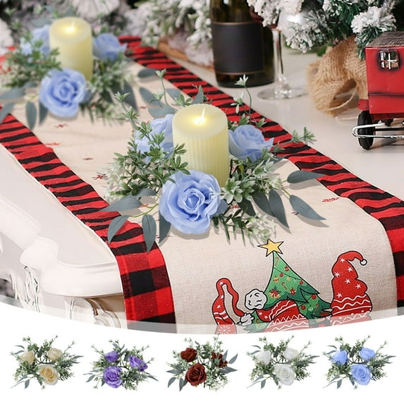 Valentine's Day Wedding Rose Candle Rings Wreath Artificial Rose Candle Holders Wreath with Leaf Artificial Floral Candleholders Garland for Pillar Centerpiece Party Table Decor