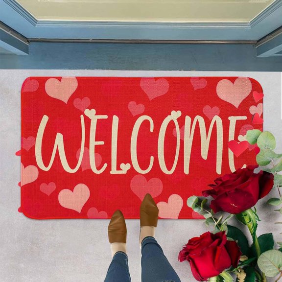 Valentine's Day Welcome Door Mat Outdoor-Entrance Heart Doormat Non-Slip Absorbent Door Mat for Valentine's Day Wedding Decor, 15.75x23.63 Inch
