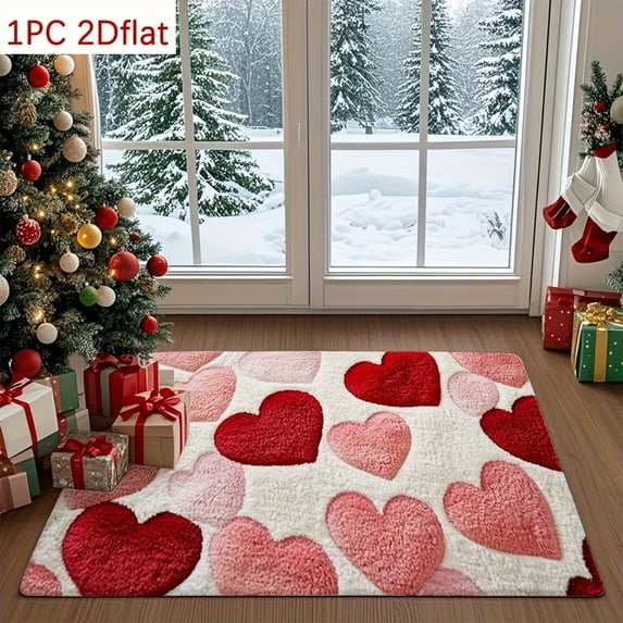 Valentine's Day Welcome Doormat 16x24 Inches, Red & Pink Heart Pattern Non-Slip Indoor/Outdoor Rug for Front Porch, Entryway Decor