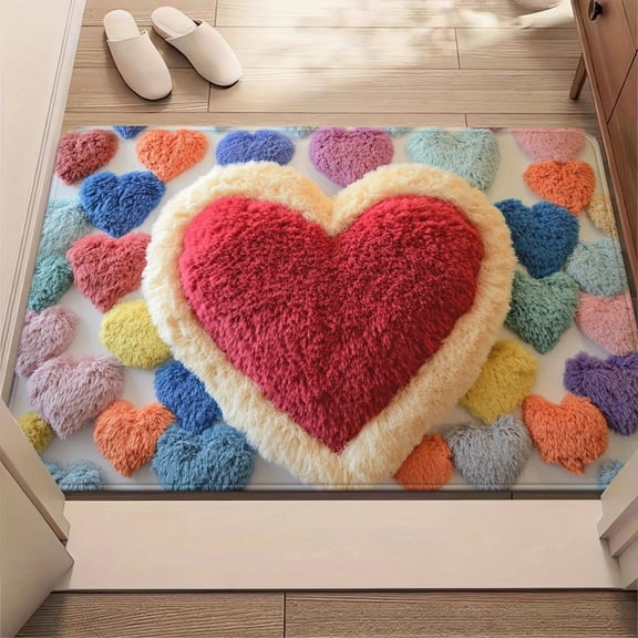 Valentine's Day Welcome Doormat, Heart-Shaped Fluffy Area Rug, Non-Slip Entryway Mat for Front Porch, Indoor/Outdoor Romantic Home Decor, Machine Washable Love-Themed Carpet