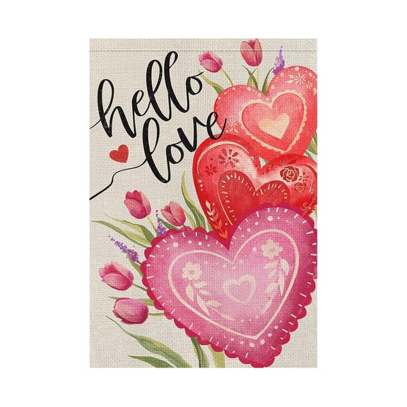 Valentine's Day Welcome Garden Flag 12.5 X 18 Inch Vertical Double Sided Red Love Heart Floral Yard Spring Farmhouse Holiday Outdoor Outside Welcome Lawn Decoratio