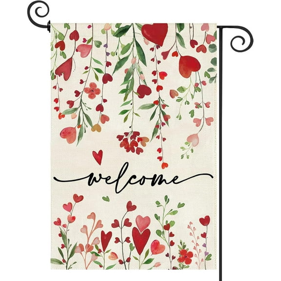 Valentine''s Day Welcome Garden Flag 12.5 x 18 Inch Double Sided Red Love Heart Floral Yard Spring Farmhouse Holiday Outdoor Outside Welcome Lawn Decoration