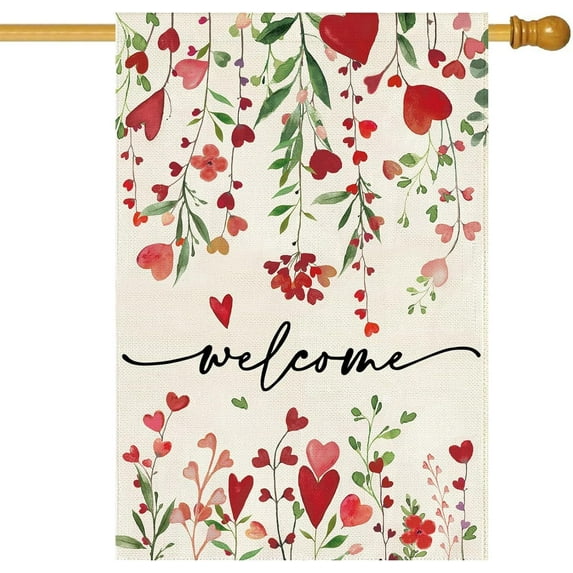 Valentine''s Day Welcome House Flag 28 x 40 Inch Vertical Double Sided Red Love Heart Floral Yard Spring Farmhouse Holiday Outdoor Outside Welcome Lawn Decoration(large)