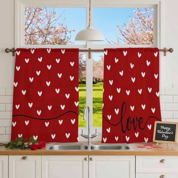 Valentine's Day White Love Hearts Chiffon Sheer Curtains 54 Inches Long, Sweetheart and Quote on Red 2 Rod Pocket Window Treatment Voile Drapes Curtains for Living Room Bedroom,2 Panels, 52x54In