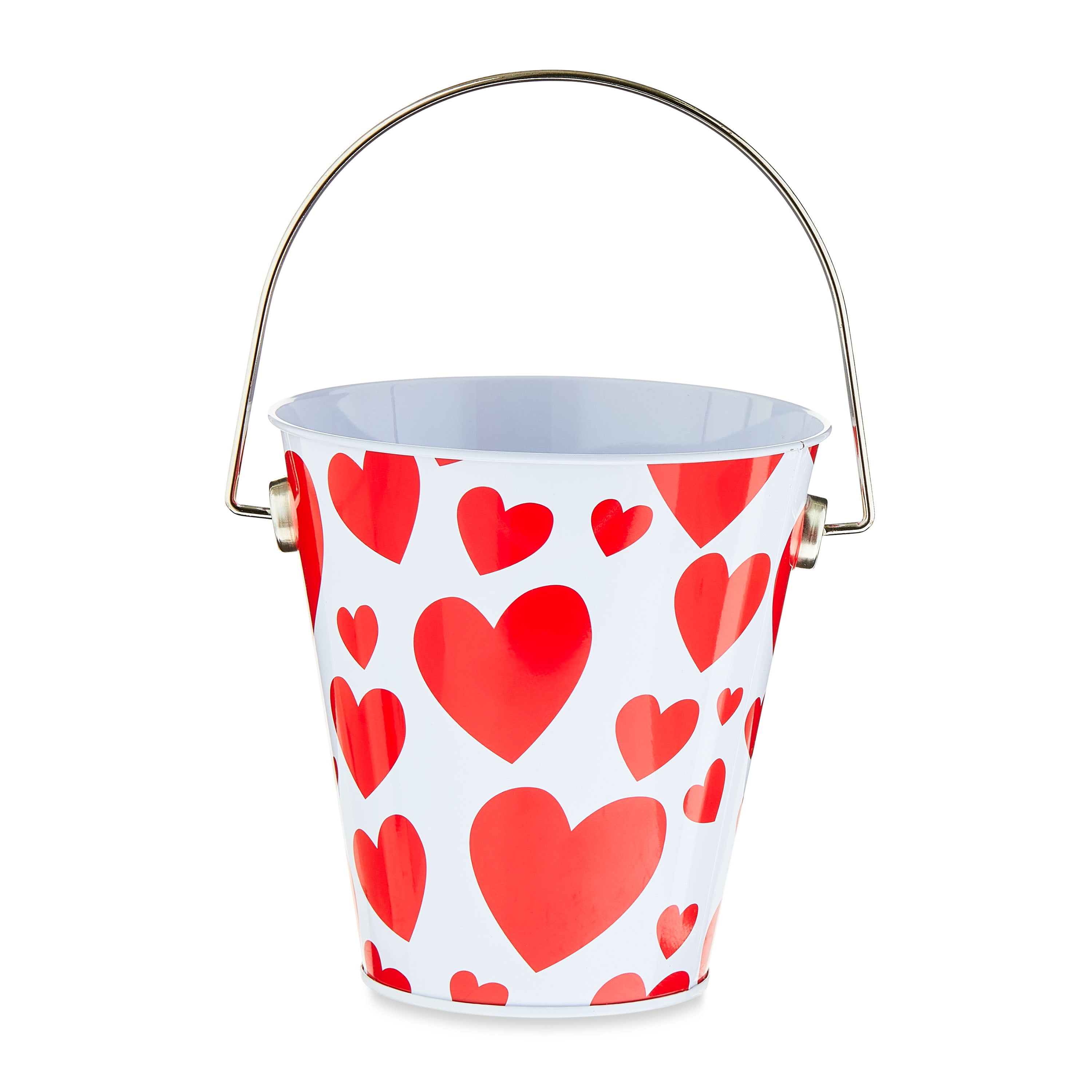 Valentine’s Day White Tin Pail with Red Hearts & Handle, White Interior