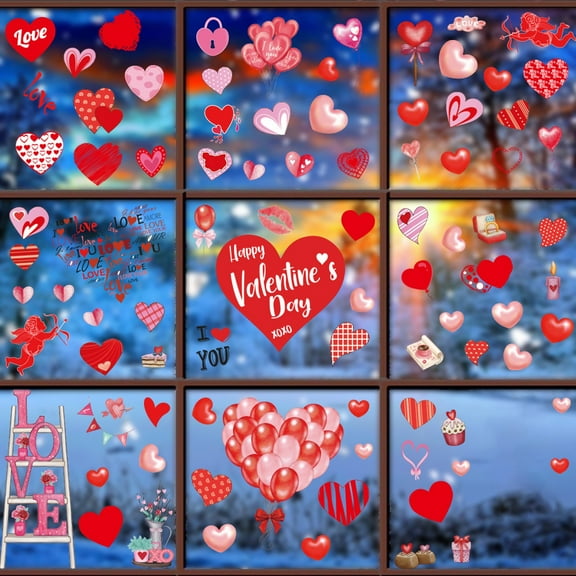 Valentine's Day Window Clings for Glass Window Self-Adhesive Valentines Day Heart Window Stickers Decals Decorations Party Supplies for Wedding Valentines