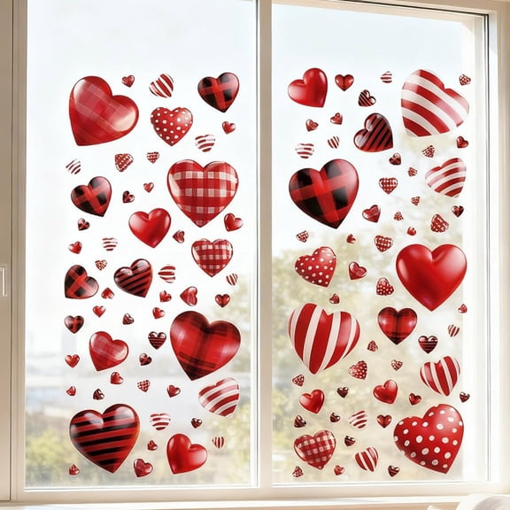 Valentine’s Day Window Clings Stickers,Bexikou 9 Sheets Valentines Day Window Clings,Heart Shaped Double Sided Window Decals for Home Wedding Anniversary Party Office Decoration