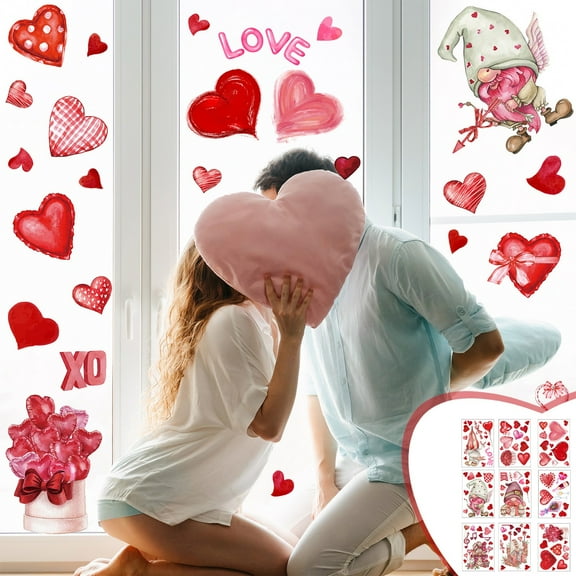 Valentine's Day Window Clings, Valentines Day Decor Pink Love Gnomes Heart Tree Prints Window Decals,Valentine Gnome Pink Rose Flower Stickers Decal Decor for Glass Windows Holiday Home Office