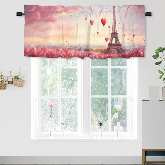 Valentine's Day Window Curtain Valance Romantic Heart Tree Eiffel Tower Sweet Love Rod Pocket Window Valance for Living Room Bathroom Bedroom Kitchen 54 by 18 in, 1 Panel