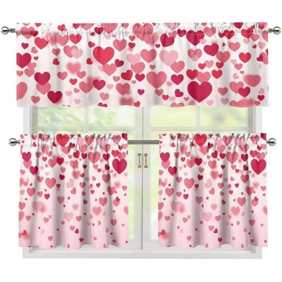 Valentine''s Day Window Curtains Set of 3 for Home Light Filtering Valance Pink Heart 36" Tier Curtains with Valance Rod Pocket Window Curtains Treatment for Bedroom Valentine''s Day Decorations