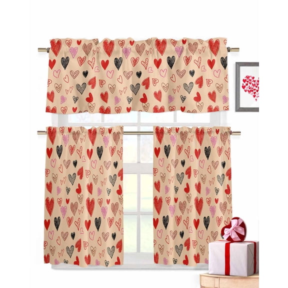 Valentine's Day Window Curtains Valance Set of 3 Red Black Love Heart Graffiti Hand-drawn Rod Pocket Small Kitchen Curtain, Soft Window Treatment for Bedroom Party Holiday Decor