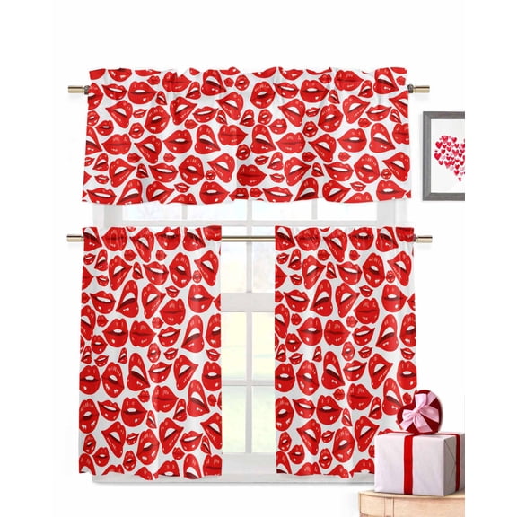 Valentine's Day Window Curtains Valance Set of 3 Romantic Red Lips Beauty Lipstick Kisses Rod Pocket Small Kitchen Curtain, Soft Window Treatment for Bedroom Party Holiday Decor