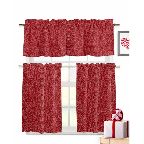 Valentine's Day Window Curtains Valance Set of 3 Romantic Red Roses Flower Abstract Floral Texture Rod Pocket Small Kitchen Curtain, Soft Window Treatment for Bedroom Party Holiday Decor