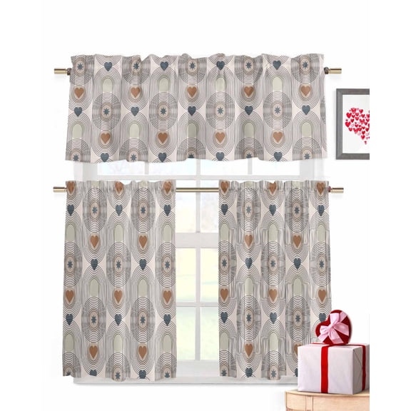 Valentine's Day Window Curtains Valance Set of 3 Vintage Bohemian Mid Century Lines Red Blue Love Heart Star Rod Pocket Small Kitchen Curtain, Soft Window Treatment for Bedroom Party Holiday Decor