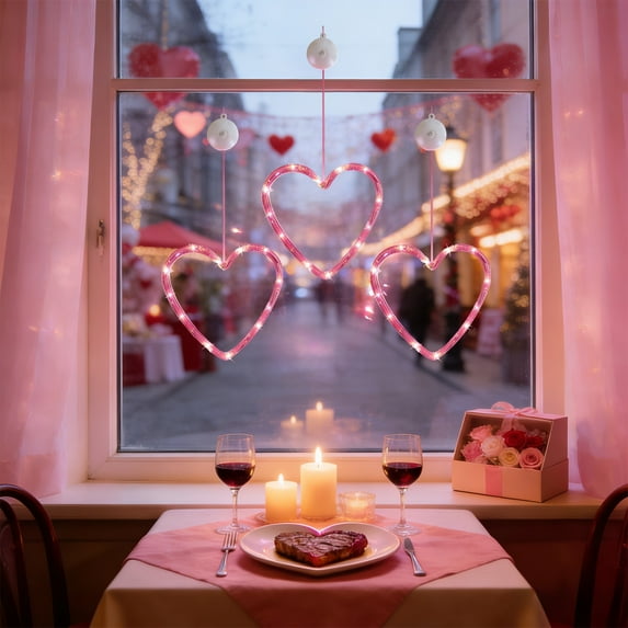 Valentine's Day Window Lights 3PC Decorative Heart-shaped Window Lights Battery Operated Hanging for Valentine's Party Anniversary Dinner Decor