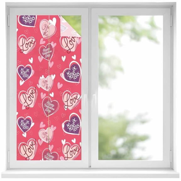 Valentine's Day Window Privacy Film, Pink Purple Love Romantic Heart Static Cling UV Sun Blocking Heat Control Window Tint Day and Night, Non-Adhesive One Way Windows Privacy Cover 17.7''x39.3''