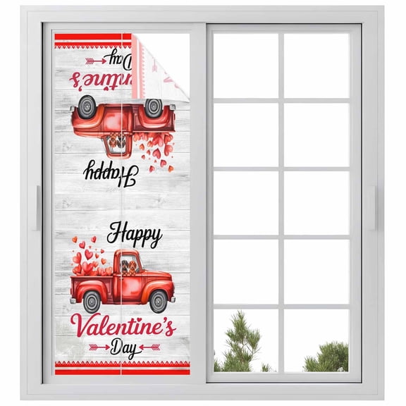 Valentine's Day Window Privacy Film, Red Romantic Love Truck Dogs Wooden Static Cling UV Sun Blocking Heat Control Window Tint Day and Night, Non-Adhesive One Way Windows Privacy Cover 23.6''x59''