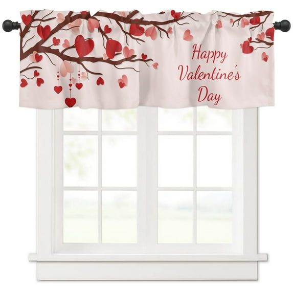 Valentine's Day Window Valances Curtain Kitchen Short Curtains, Romantic Love Heart Rod Pocket Valance Drapes Sweet Red and White Decorative Window Treatment for Bedroom Living Room Bathroom,54x18"