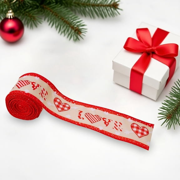 Valentine's Day Wired Edge Ribbon Pink Heart Fabric Ribbon Double-Sided Craft Ribbon for Wedding Anniversary Birthday DIY Wreath Bow Making,Valentine's Day Satin Ribbon For Wrapping