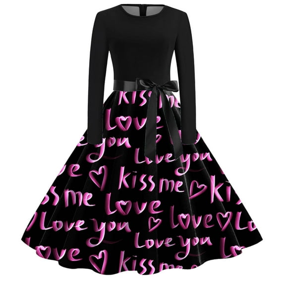 Valentine's Day Women Dresses Love Heart Print Midi Length Swing Summer Casual Beach Dress A-line Long Sleeve Crew Neck Party Dress Purple S