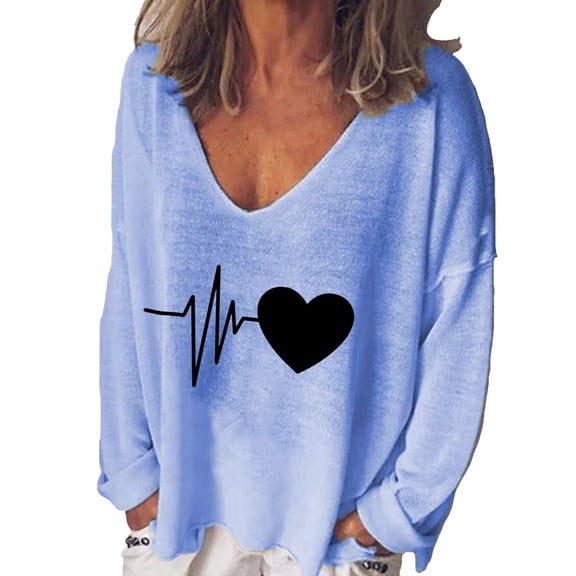 Valentine's Day Women Fashion Casual Print V-Neck Loose Long Sleeve T-shirt Top Blouse Pullover