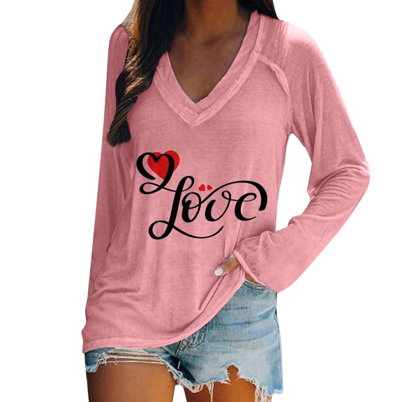 Valentine's Day Women Fashion Casual V Neck Long Sleeve Casual Printed T-Shirt Blouse Tops