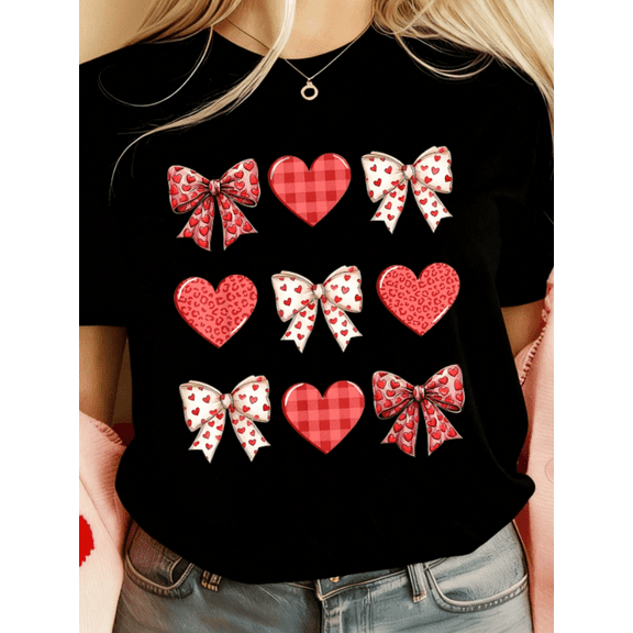 Valentine’s Day Women Heart Pattern T-Shirt, Classic Casual Shirt