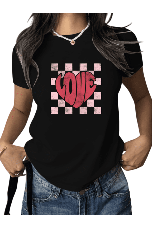 Valentine's Day Women Retro LOVE Heart Graphic Tee T Shirt Top Distressed Checkered Print Soft Short Sleeve Round Neck Black S-5XL