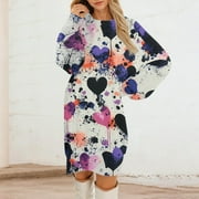 ZUITEH Valentine's Day Women Round Neck Casual Long Sleeve Plush Valentine's Day Printed Dresses Red Dresses for Women Flawless Holiday Dresses for Women 2025 Valentine's Party Dresses for Women L