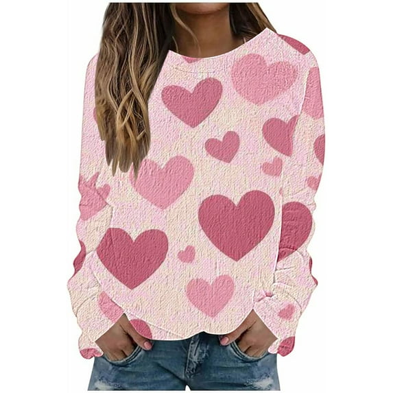 Valentine's Day Women Sweatshirts Cute Heart Graphic Pullover Long Sleeve Tops Holiday Shirts Gifts