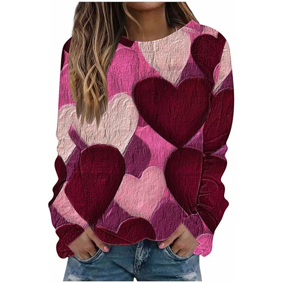Valentine's Day Women Sweatshirts Cute Heart Graphic Pullover Long Sleeve Tops Holiday Shirts Gifts