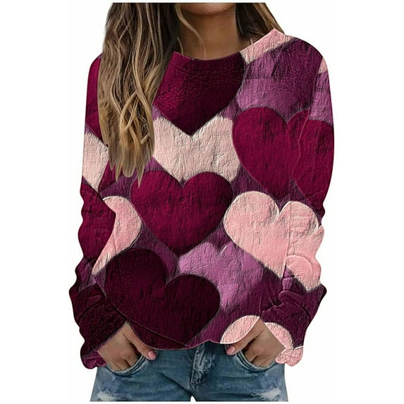 Valentine's Day Women Sweatshirts Cute Heart Graphic Pullover Long Sleeve Tops Holiday Shirts Gifts