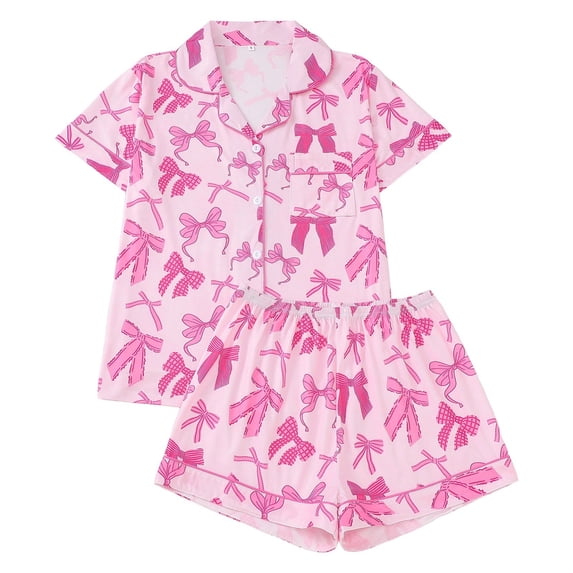 Valentine's Day Women's 2 Piece Bow Print Pajama Set Short Sleeve Button Down Lounge Shorts Sleepwear Sets S-XXL