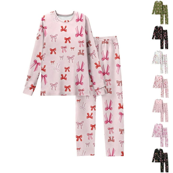 Valentine's Day Women's 2 Piece Pajama Sets Long Sleeve Top & Pants Bow Print Soft Comfy Sleepwear White S