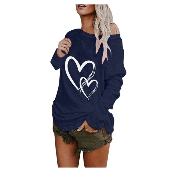 Valentine's Day Women's Casual Crewneck Cross Love Long Sleeve Print T-Shirt Top Blouse
