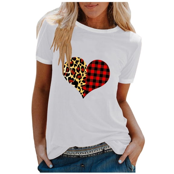 Valentine's Day Women's Fashion Casual Print Crewneck Loose Short Sleeve T-shirt Pullover Tops