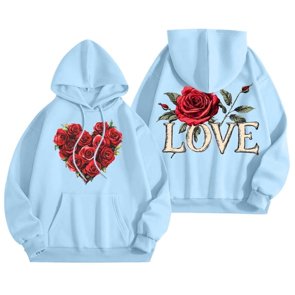 Valentine's Day Women's Hooded Sweatshirt Graphic Hoodie Rose Love Heart Print Long Sleeve Casual With Pocket Trendy Clothes 2026