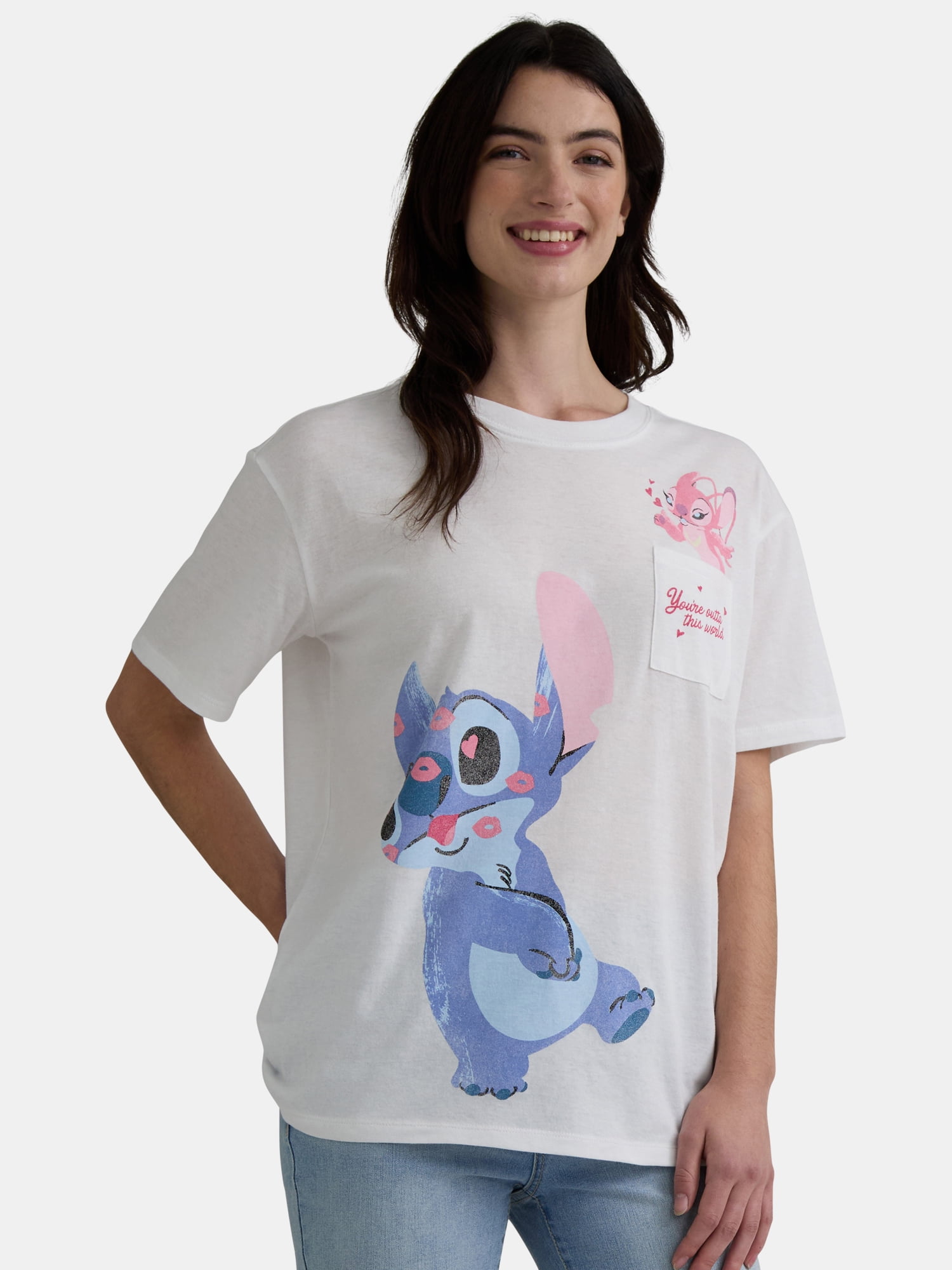 Valentine’s Day Women’s Stitch and Angel Kisses Graphic Pocket Tee, Sizes XXS-XXL