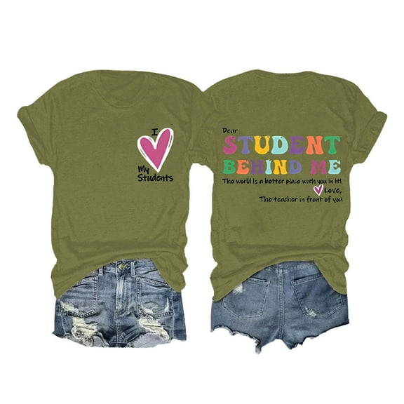 Valentine's Day Womens Casual Letter Double Printed Crewneck Short Sleeved Tshirt Top