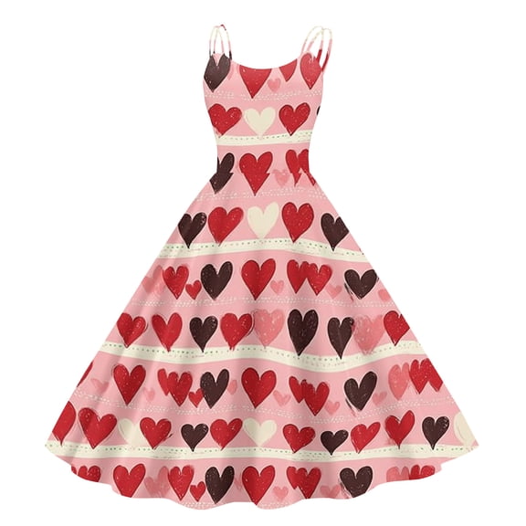Valentine's Day Womens Dress Sleeveless Graphtic Pink Red Hepburn Dresses Lovely Heart Crew Neck 1950s Trendy Sundress Cocktail Swing Letter Printed Anniversary Love You Patterned Clothes Vermilion S