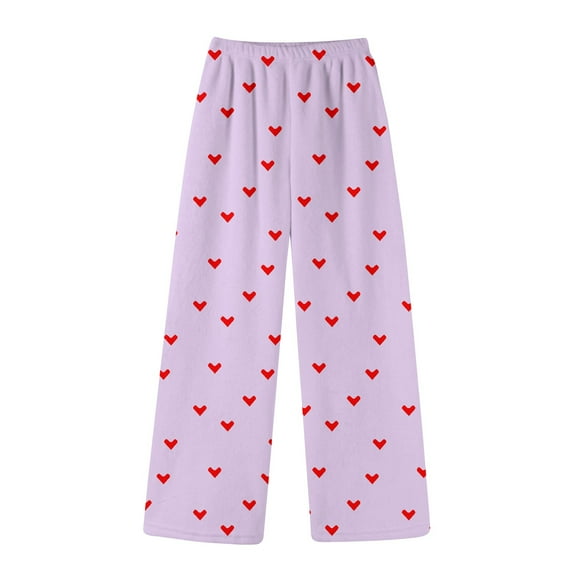 Valentine's Day Womens Flannel Pajama Pants Fluffy Plush Cozy Heart Print Lounge Pj Pants Elastic Waist Fuzzy Valentines Sleepwear