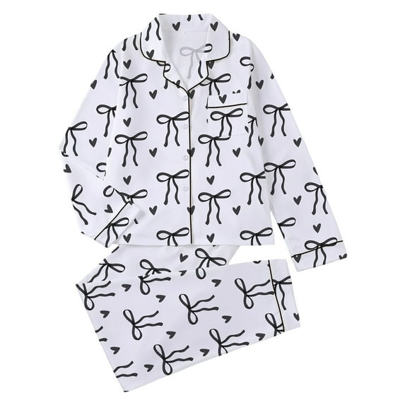 Valentine's Day Womens Floral Print Pajama Long Sleeve Notched Collar Sleepwear Nightwear