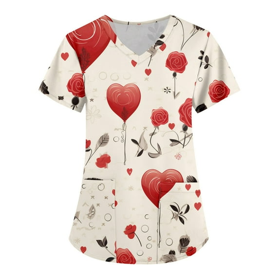 Valentine's Day Womens Scrub Tops Love Heart Printed V Neck Breathable T-Shirts Short Sleeve Professionals Soft Stretch Scrub Tops with Pockets khaki 4X-Large