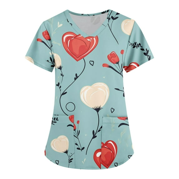 Valentine's Day Womens Nurse Uniforms Summer Love Heart Printed V Neck Breathable T-Shirts Short Sleeve Professionals Soft Stretch Workwear Shirt with Pockets light blue XX-Large