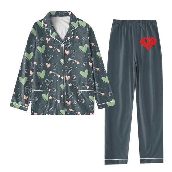 Valentine's Day Womens Pajama Set Pink Heart Printed Button Up Pajama Set Long Sleeve Shirt and Pajama Pants Lounge Sets
