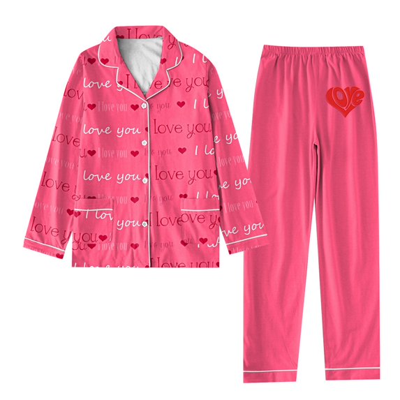 Valentine's Day Womens Pajama Set Pink Heart Printed Button Up Pajama Set Long Sleeve Shirt and Pajama Pants Lounge Sets
