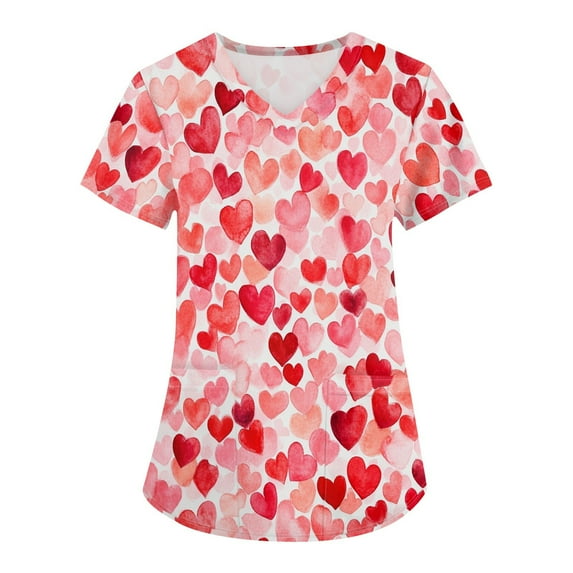Valentine's Day Womens Print Scrub Tops Love Heart Printed V-Neck Breathable T-Shirts Short Sleeve Professionals Soft Stretch Workwear Shirt with Pockets red XX-Large