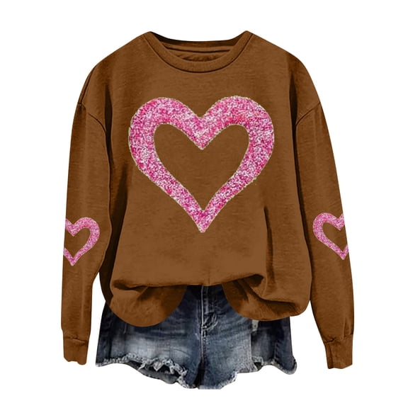 Valentine's Day Womens Pullover Tops Long Sleeve Lovely Heart Sweatshirts Graphtic Pink Red Crew Neck Cure Hoodies Letter Printed Happy Love You Patterned Shirts Brown S